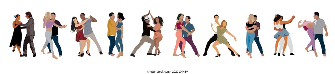 Dancing People, Dancer Bachata, Salsa, Lambada, Tango, Latina Dance. Set of couple people in different dance poses. Cartoon style flat vector realistic illustrations isolated on white background.