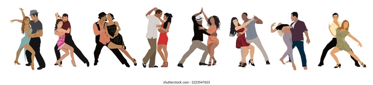 Dancing People, Dancer Bachata, Salsa, Flamenco, Tango, Latina Dance. Set of people in different dance poses. Cartoon style flat vector illustrations isolated in white background.