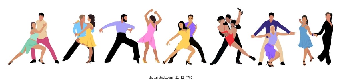 Bailarinas, bailarinas Bachata, Salsa, Flamenco, Tango, Latina Dance. Conjunto de parejas de bailarines con diferentes poses de baile. Ilustraciones vectoriales planas con estilo de dibujos animados aisladas en fondo blanco