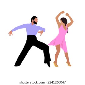 Bailarinas, bailarinas Bachata, Salsa, Flamenco, Tango, Latina Dance. La pareja de bailarines en posición de baile. Ilustración vectorial plana estilo caricatura aislada en fondo blanco