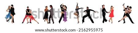 Dancing People, Dancer Bachata, Salsa, Flamenco, Tango, Latina Dance. Set of people in different dance poses. Cartoon style flat vector illustrations isolated in white background.