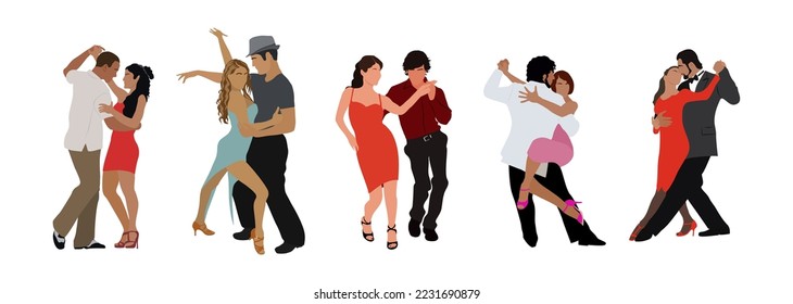 Dancing People, Dancers Bachata, Salsa, Flamenco, Tango, Latina Dance. Set of Dancing couples in different dance poses. Cartoon style flat vector realistic illustrations isolated on white background.