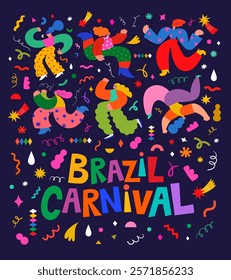 Dancing people. Design for Brazil Carnival. Decorative abstract illustration with colorful doodles. Music festival illustration