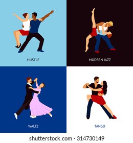 Dancing people design concept set with hustle modern jazz waltz and tango styles flat icons isolated vector illustration