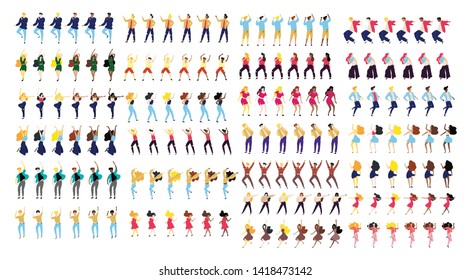 Dancing people with different skin tones. Vector flat illustrations