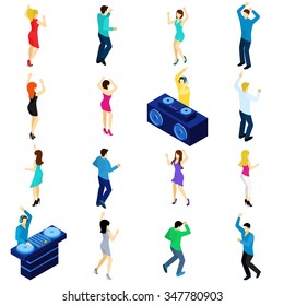 Dancing people and disco dj isometric set isolated vector illustration