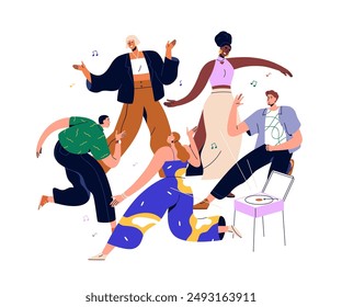 Dancing people at disco. Happy men, women group at modern retro vinyl music party. Fun and rave, young excited characters, trendy youth. Flat vector illustration isolated on white background