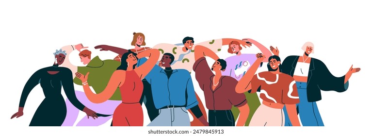 Dancing people at disco party celebration. Happy friends group celebrating together. Joyful and energetic male, female characters in club. Flat vector illustration isolated on white background