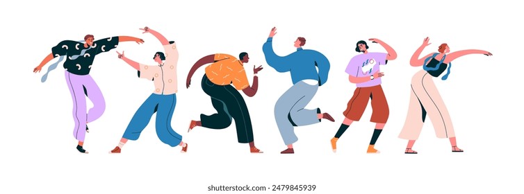 Dancing people at disco party. Happy joyful characters in energetic movements, positions. Cool festive male and female characters celebrating. Flat vector illustration isolated on white background