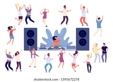 Dancing people. DJ disco party, dance women, men and couples. Happy friends on music event, fun isolated vector characters