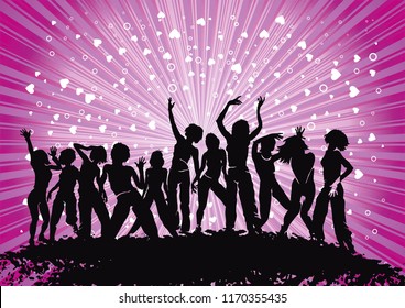 Dancing people. Elegant template with group of young detailed silhouettes of girls. Vector illustration for print or background