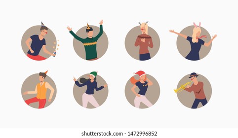 Dancing people in festive hats set. Men and women celebrating, dancing and having fun. Holiday concept. Vector illustration can be used for topics like celebration, office party, birthday
