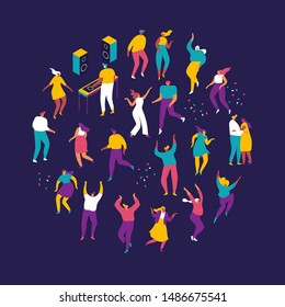 Dancing people. Flat colorful vector charcters on dark background. Large group of male and female cartoon characters having fun at party. Crowd of young people  dancing at club or music concert. 