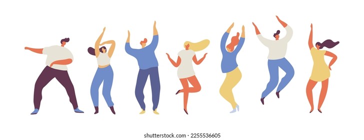 Dancing people flat vector set. Young people having fun. Party. 	