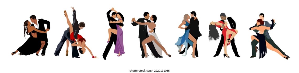 Bailarinas formales, bailarinas Bachata, Salsa, Tango, Latina Dance. Grupo de personas con diferentes poses de baile. Estilo de caricatura ilustración plana vectorial realista aislada, fondo blanco.