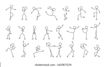 dancing people, freehand drawing, sketch, stick figure man pictogram, isolated silhouettes on white background