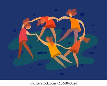 Dancing people funny cartoon set with men and women in free movement poses. Flat vector illustration isolated on dark background