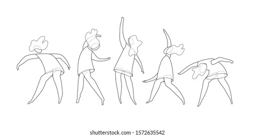 Dancing people funny cartoon set with men and women in free movement poses. Flat vector illustration isolated on white background