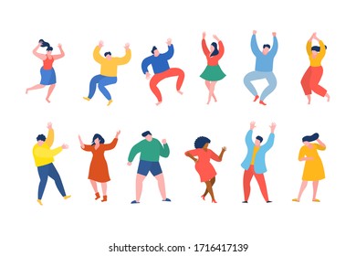 Dancing people funny cartoon style. Men and women in free movement poses. Flat design. Vector illustration.