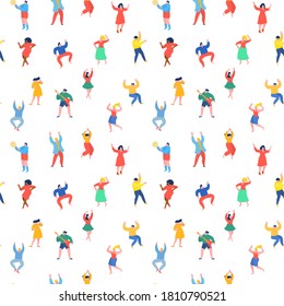 Dancing people funny cartoon style seamless background. Men and women in free movement poses. Flat design. Vector illustration. Pattern for wallpaper, fabric print