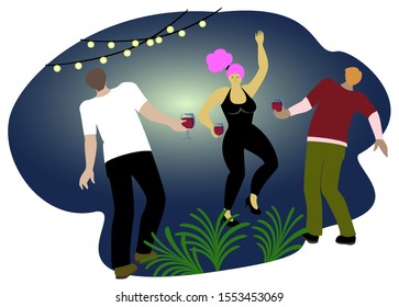 Dancing people with glasses of wine on a dark blue background. Party with garlands. Happy New year. EPS10 vector illustration.