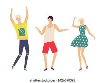 Dancing people in good mood isolated cartoon characters. Vector teenagers, animated man and woman in flat style. Boy in jeans, red shorts, girl in dress