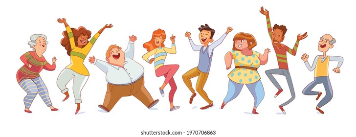 Dancing people. Group of people of different ages and nations jumping up with raised hands together having fun or celebrating success. Cartoon characters. Funny vector illustration. Isolated on white