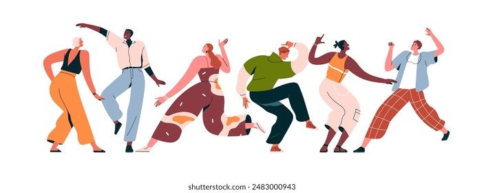 Grupo de gente bailando. Hombres felices, mujeres en una fiesta divertida. Alegre celebración. Personajes en la discoteca, celebrando. Amigos emocionados deliran, mudándose a la música. Ilustración vectorial plana aislada sobre fondo blanco