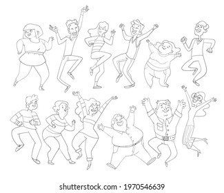 Dancing people. Group of people jumping up with raised hands men and women having fun or celebrating success. Coloring book. Cartoon characters. Funny vector illustration. Isolated on white background