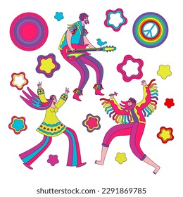 dancing people, guitarist and hippie style elements set