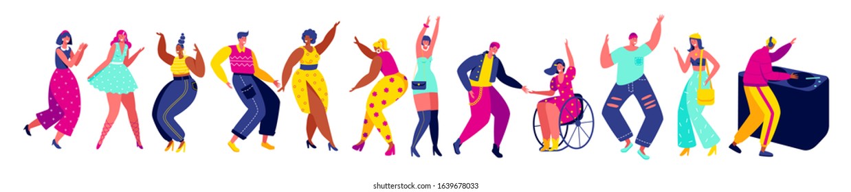 Dancing people hand draw isolated cartoon characters, vector illustration. Men and women dance at party, fun club music active leisure. Funny cartoon characters people modern style. Girls, boys party