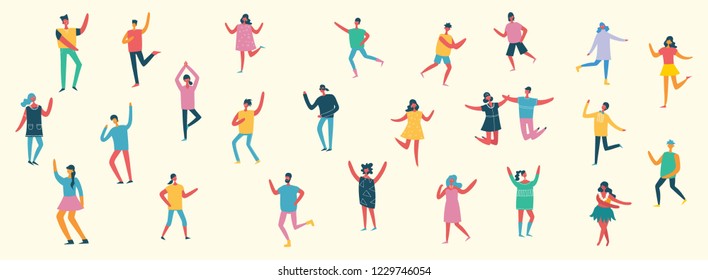 Dancing people, happy men and women dancing in to the music. Vector illustration in a flat style