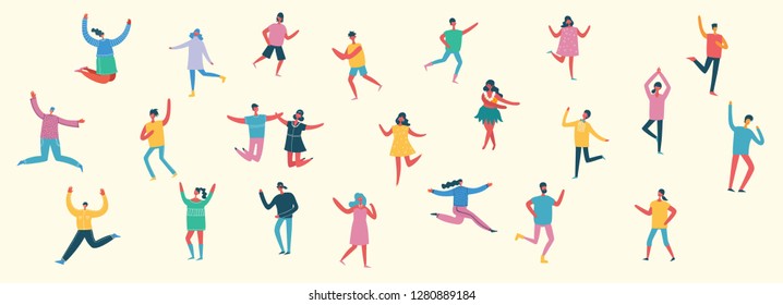 Dancing people, happy men and women dancing in to the music. Vector illustration in a flat style 
