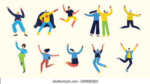 Dancing people, happy men and women dancing in to the music. Vector illustration in a flat style