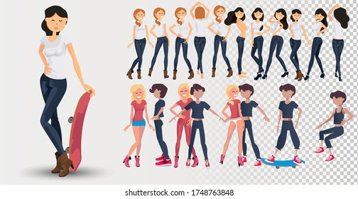 Dancing people. Happy men and women move to the music. Vector illustration in a flat style. Young women and guys with different poses, hairstyles, facial emotions, poses and gestures.