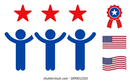 Dancing people icon in blue and red colors with stars. Dancing people illustration style uses American official colors of Democratic and Republican political parties, and star shapes.
