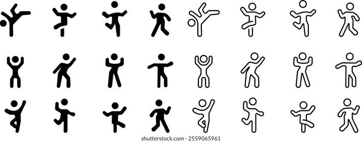 Dancing People Icon set, Trendy Dances, Tango, Twerking, Breakdance, Happy dancing people icons Modern dance class vector silhouette symbols, Disco dance lifestyle, isolated on transparent background.