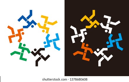 Dancing people icons in circular symbol. 
Geometrically stylized dancing human figures holding hands. Suitable for logo. Cooperation friendship symbols. Vector available.