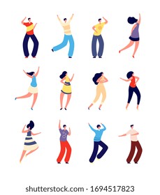 Gente bailarina. Las parejas alegres bailan. Mujer en festival o fiesta festiva. Bailarinas aisladas. Grupo vectorial de chicos de grupo colectivo