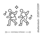 Dancing people linear icon. Party or celebration concept. Entertainment, fun and joy. Nightlife. Music festival. Thin line illustration. Contour symbol. Vector outline drawing. Editable stroke