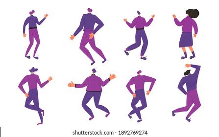 Dancing people. Male and female characters wearing in casual clothes dancing isolated on a white background. Persons jumping and have fun. Vector color flat illustration. 