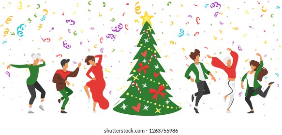 Dancing people - man and woman. Silhouette characters in dance pose enjoy New Year party. Isolated on white background. Modern performer. Christmas tree and confetti.