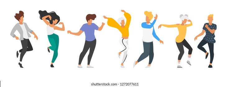Dancing people - man and woman. Silhouette characters in dance pose enjoy party. Isolated on white background. Modern performer. Horizontal banner.