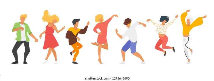 Dancing people - man and woman. Silhouette characters in dance pose enjoy party. Isolated on white background. Modern performer. Horizontal banner.