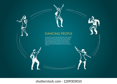 Dancing people - men and women in different dancing poses vector concept set. Hand drawn sketch isolated illustration