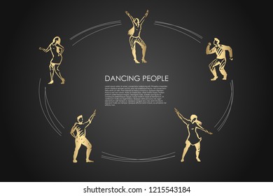Dancing people - men and women in different dancing poses vector concept set. Hand drawn sketch isolated illustration