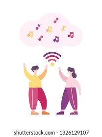Dancing people, musical cloud, listen to music through wireless headphones. Vector illustration.