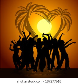 Dancing people on a background of a sunset and palm trees. Vector