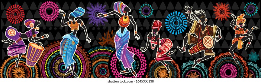 Dancing people on Ethnic background with African motifs Design for poster, card, invitation, placard, brochure, flyer