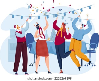 Dancing people party celebration Christmas, Happy New Year holiday, merry christmas. Family holiday people gift box cartoon style vector illustration